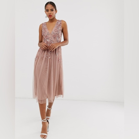 Maya Deluxe Tall Pink Floral Embellished Sleeveless Mid Dress Size 12 Tall - Picture 1 of 13